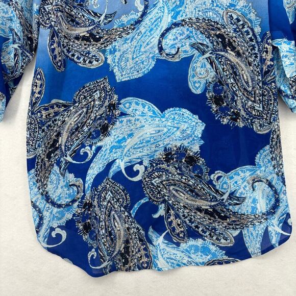 Chico's Duster Blouse Size L Blue White Paisley Button Up Semi Sheer Longline - Picture 9 of 12